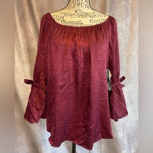 BCX Burgundy Off-Shoulder Blouse with Bell Sleeves. NWT Large